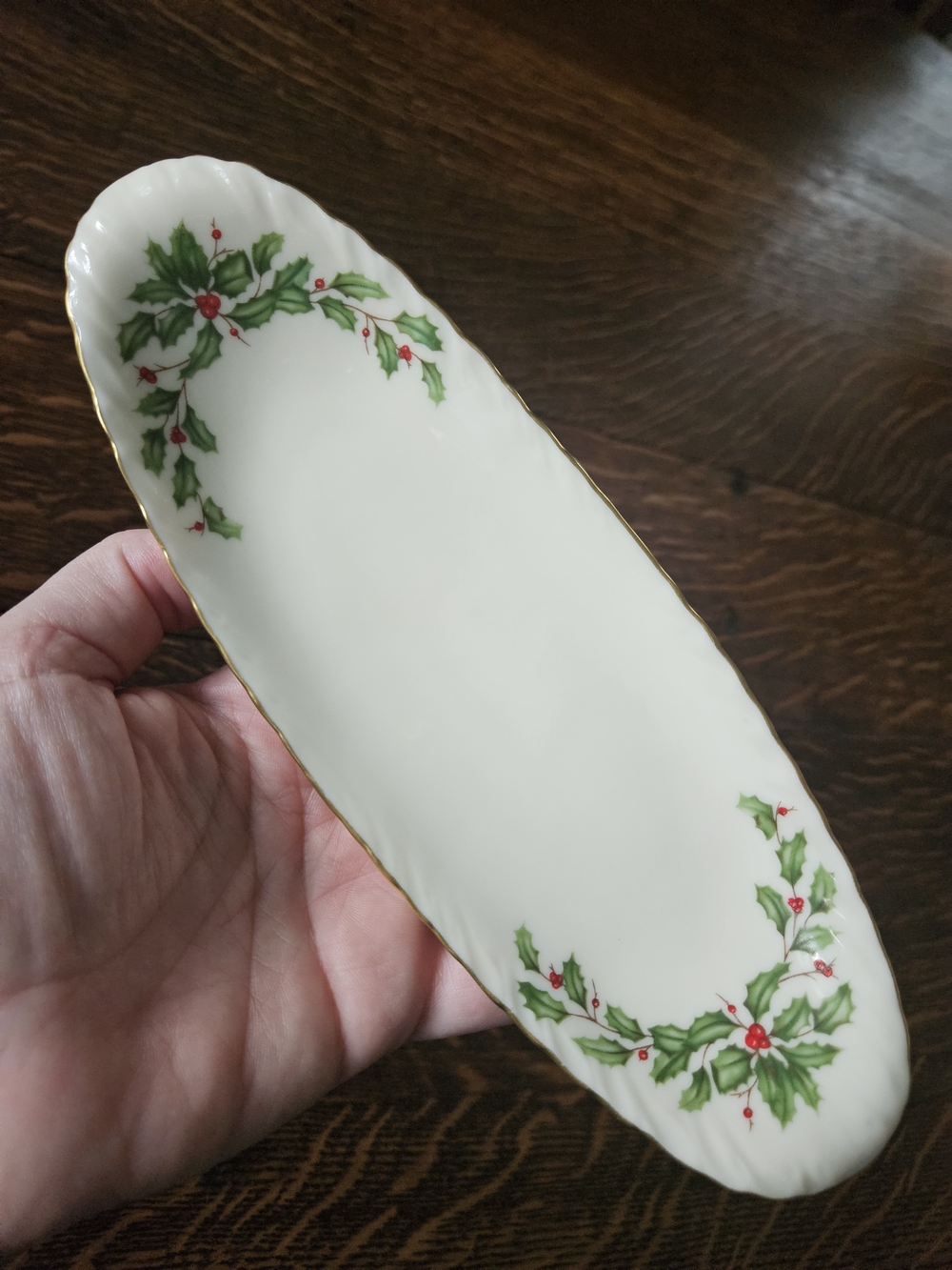 Lenox Holiday Condiment Dish 9" Holly Berry 24K Gold USA Ivory China